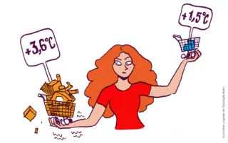 Une jeune femme tient un mini caddie dans chaque main : un caddie plein qui indique "+3,6°C", un caddie avec seulement quelques articles indiquant "+1,5°C".