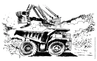 Un tombereau sur un site minier pour illustrer l'importance du recyclage du cuivre. Un dessin de Christophe Blain.